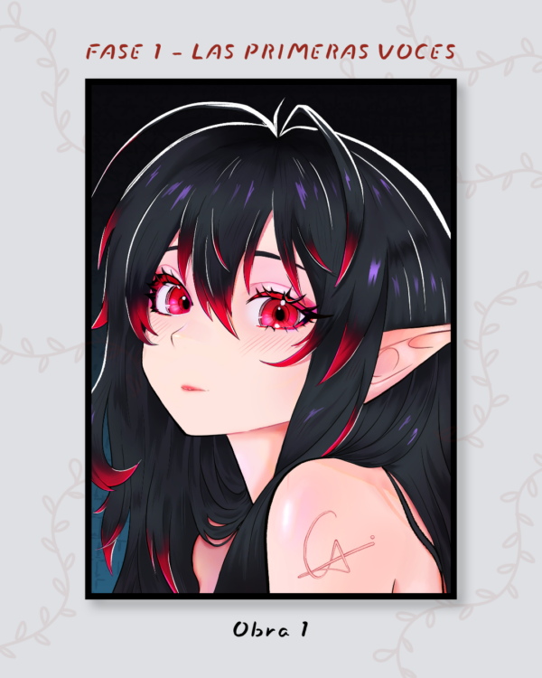 Retrato enmarcado de una joven de cabello negro y rojo, ojos rojos y orejas puntiagudas.