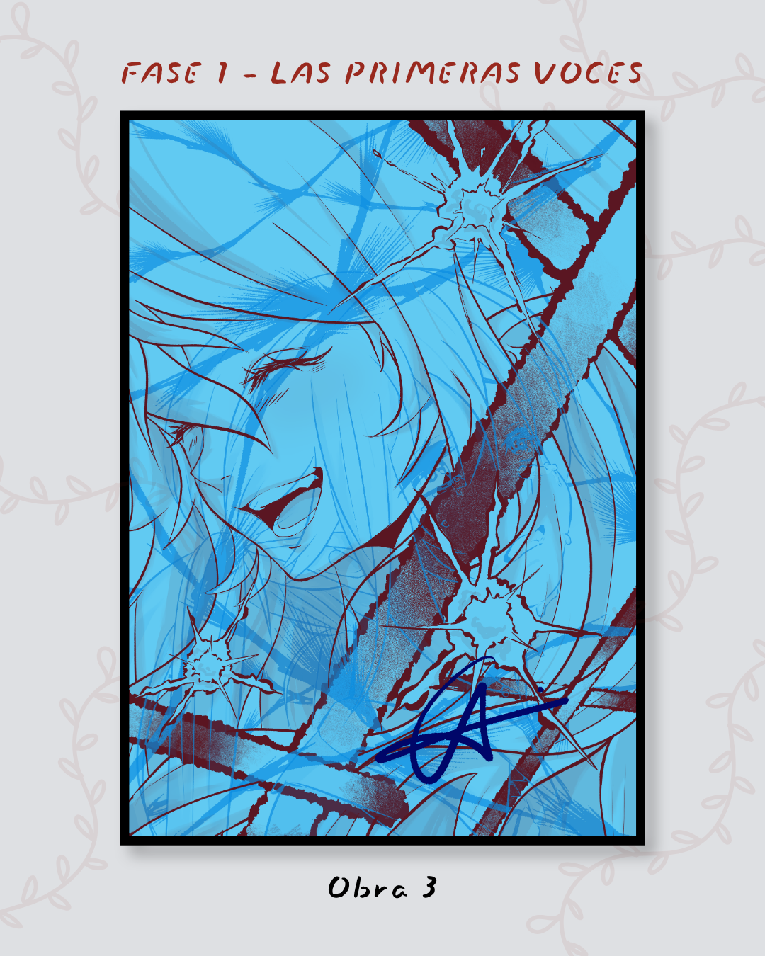 Retrato de una joven de cabello claro con trazos de estilo manga en azul.