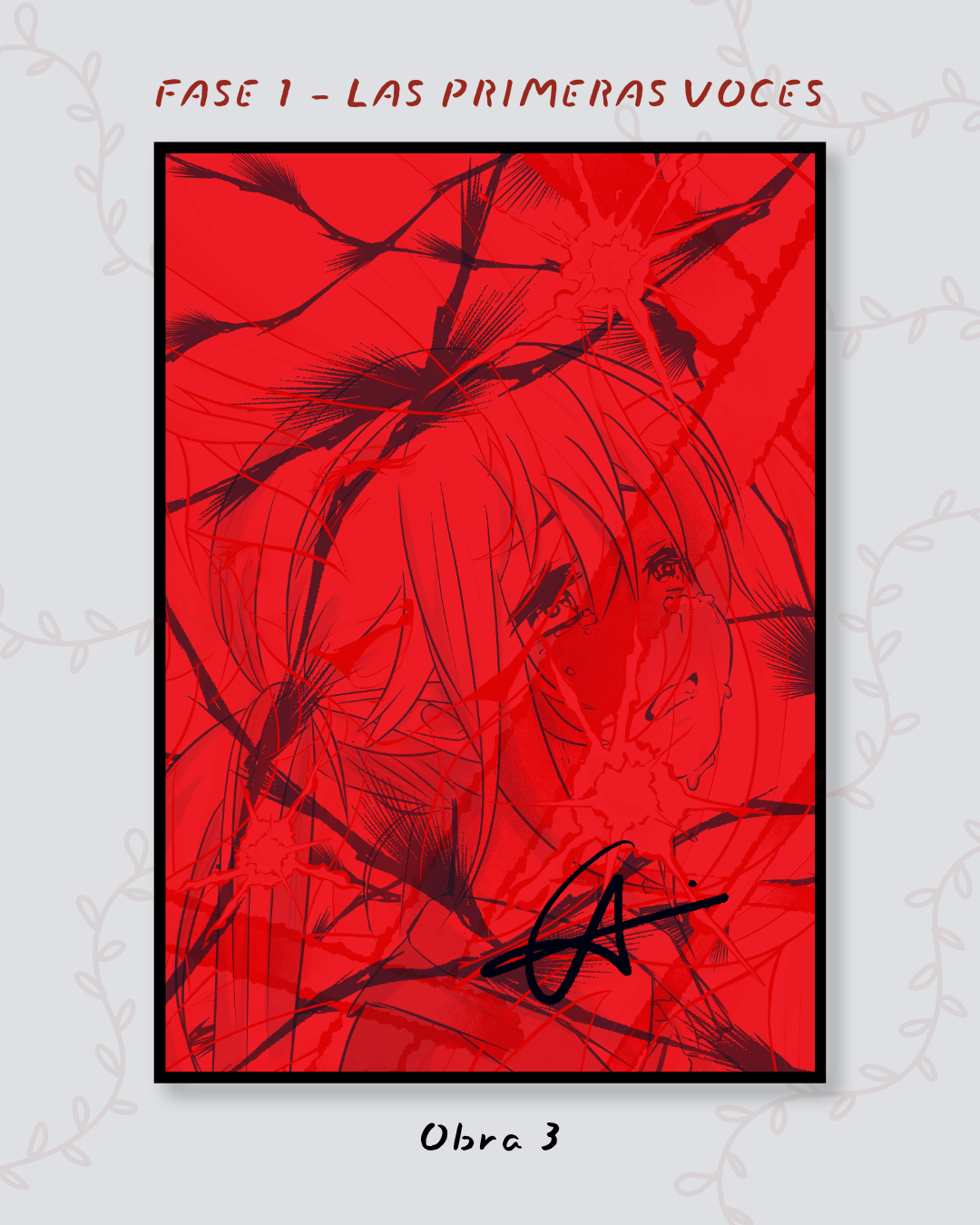 Retrato de una joven de cabello claro con trazos de estilo manga en rojo.