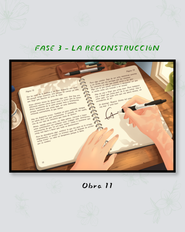 Ilustración de un cuaderno abierto sobre una mesa y unas manos escribiendo con un bolígrafo.