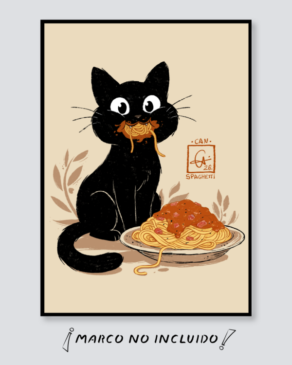 Lámina enmarcada con un gato negro comiendo espaguetis sobre fondo crema.