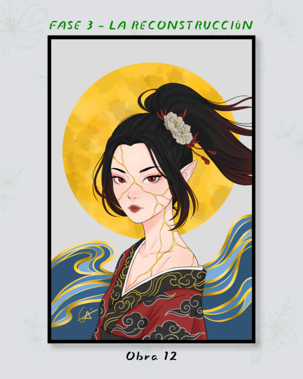 Ilustración de una mujer con grietas doradas en el rostro y un círculo amarillo al fondo.