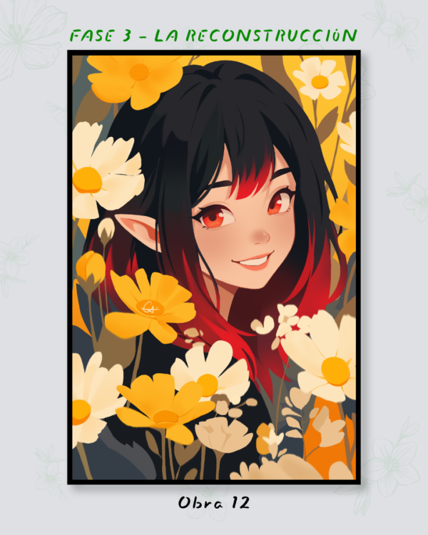 Ilustración de una joven sonriente de cabello negro y rojo entre flores amarillas y blancas.