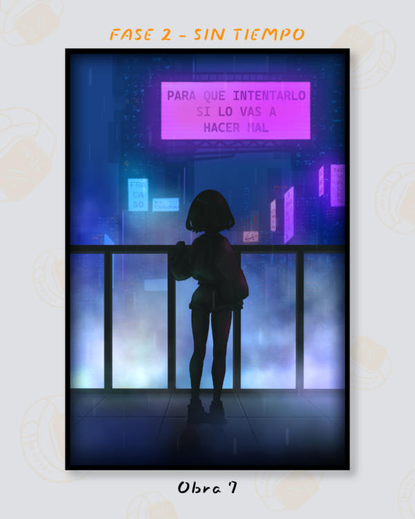 Silueta de una joven ante una ciudad azul y violeta con letreros de pensamientos negativos.
