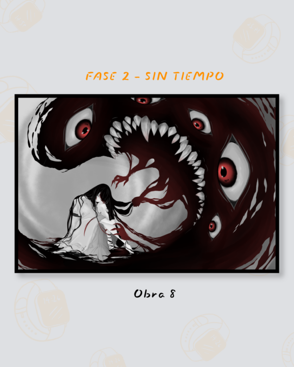 Figura encogida ante una gran boca con dientes y múltiples ojos sobre un fondo oscuro.